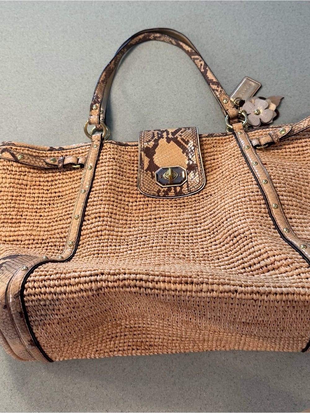 Coach Woven Straw Tote in Brown with Floral Charm - Picture 3 of 10